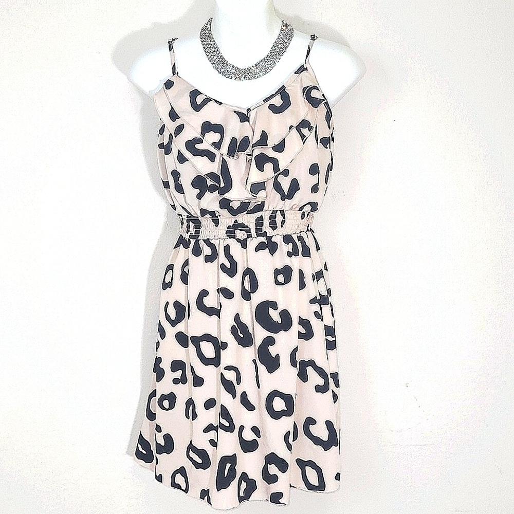 Mini Dress Ruffle beige black animal leopard print sundress Sleeveless Belt Y2k